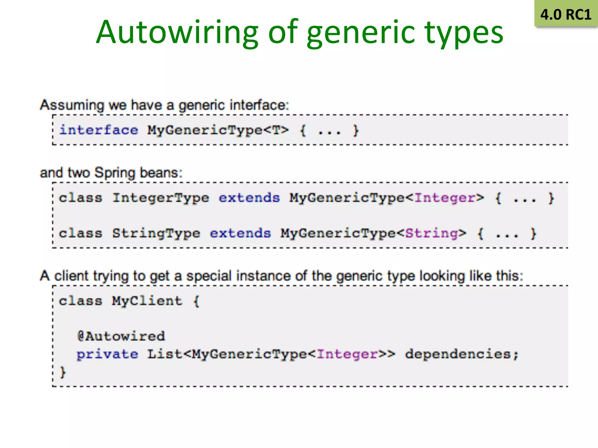 Autowiring	
  of	
  generic	
  types	
  

4.0	
  RC1	
  

 