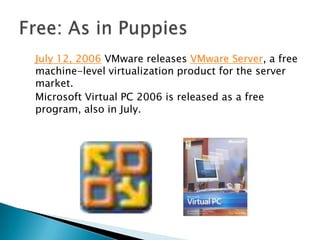 July 12, 2006 VMware releases VMware Server, a free
machine-level virtualization product for the server
market.
Microsoft Virtual PC 2006 is released as a free
program, also in July.
 