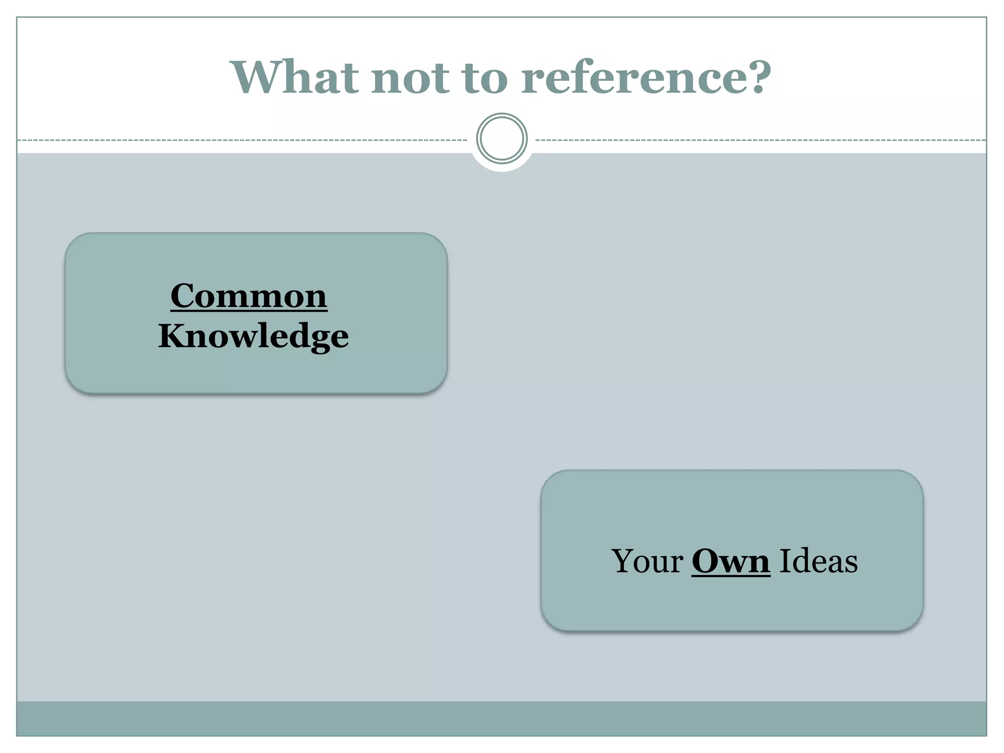What not to reference?



Common
Knowledge




                  Your Own Ideas
 