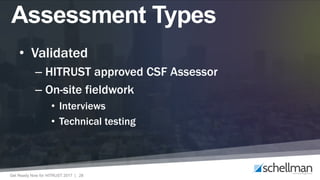 Get Ready Now for HITRUST 2017 | 28
• Validated
– HITRUST approved CSF Assessor
– On-site fieldwork
• Interviews
• Technical testing
Assessment Types
 