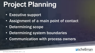 Get Ready Now for HITRUST 2017 | 32
• Executive support
• Assignment of a main point of contact
• Determining scope
• Determining system boundaries
• Communication with process owners
Project Planning
 