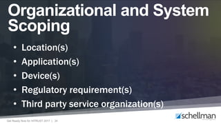 Get Ready Now for HITRUST 2017 | 34
• Location(s)
• Application(s)
• Device(s)
• Regulatory requirement(s)
• Third party service organization(s)
Organizational and System
Scoping
 