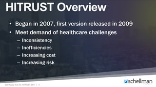 Get Ready Now for HITRUST 2017 | 4
HITRUST Overview
• Began in 2007, first version released in 2009
• Meet demand of healthcare challenges
– Inconsistency
– Inefficiencies
– Increasing cost
– Increasing risk
 