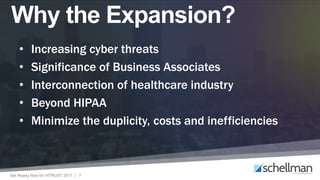 Get Ready Now for HITRUST 2017 | 7
Why the Expansion?
• Increasing cyber threats
• Significance of Business Associates
• Interconnection of healthcare industry
• Beyond HIPAA
• Minimize the duplicity, costs and inefficiencies
 