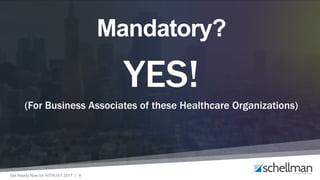 Get Ready Now for HITRUST 2017 | 8
Mandatory?
YES!
(For Business Associates of these Healthcare Organizations)
 