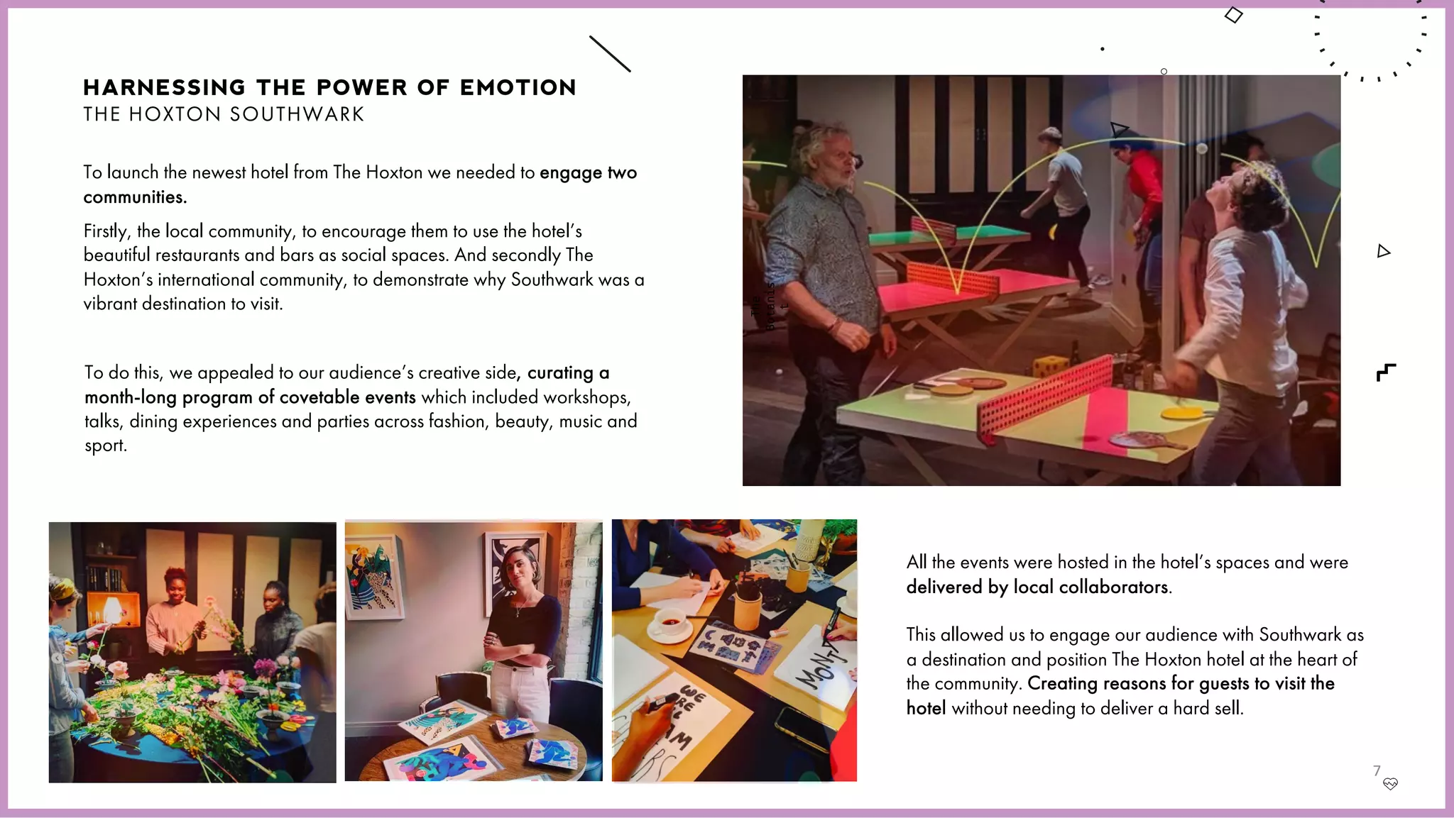 HARNESSING THE POWER OF EMOTION
THE HOXTON SOUTHWARK
To launch the newest hotel from The Hoxton we needed to engage two
communities.
Firstly, the local community, to encourage them to use the hotel’s
beautiful restaurants and bars as social spaces. And secondly The
Hoxton’s international community, to demonstrate why Southwark was a
vibrant destination to visit.
To do this, we appealed to our audience’s creative side, curating a
month-long program of covetable events which included workshops,
talks, dining experiences and parties across fashion, beauty, music and
sport.
All the events were hosted in the hotel’s spaces and were
delivered by local collaborators.
This allowed us to engage our audience with Southwark as
a destination and position The Hoxton hotel at the heart of
the community. Creating reasons for guests to visit the
hotel without needing to deliver a hard sell.
The
Botanis
t
7
 