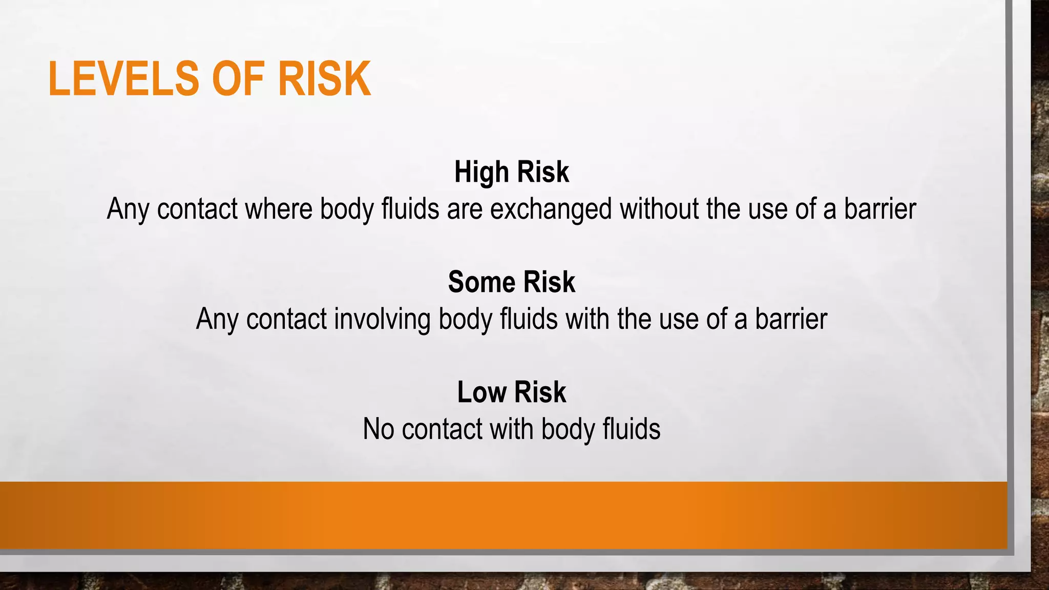 High Risk
Any contact where body fluids are exchanged without the use of a barrier
Some Risk
Any contact involving body fluids with the use of a barrier
Low Risk
No contact with body fluids
LEVELS OF RISK
 