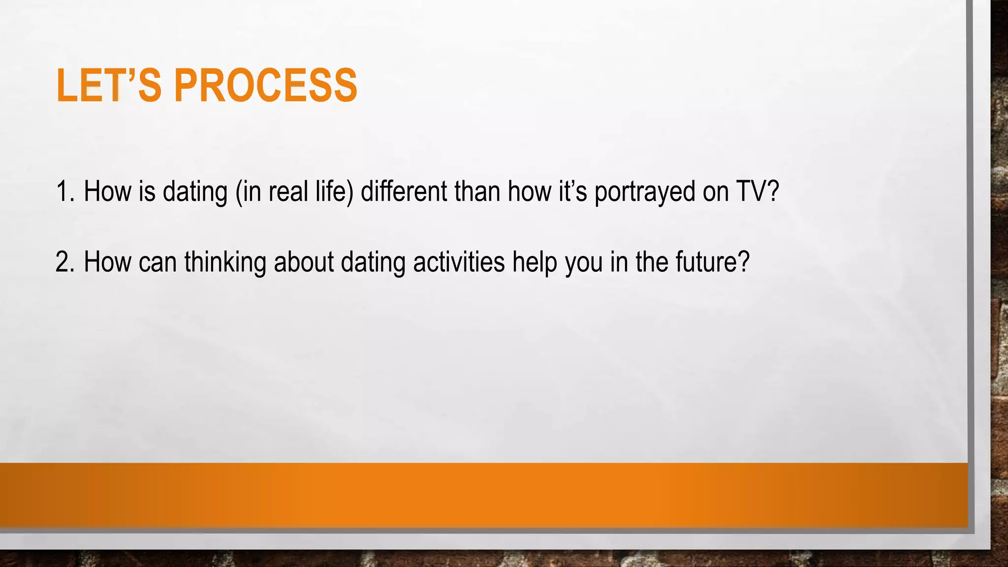 LET’S PROCESS
1. How is dating (in real life) different than how it’s portrayed on TV?
2. How can thinking about dating activities help you in the future?
 