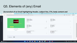 Q5. Elements of (any) Email
{Screenshot of an Email highlighting Header, subject line, CTA, body content and
Footer}
 