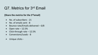 Q7. Metrics for 3rd Email
{Share the metrics for the 3rdemail}
● No. of subscribers - 21
● No. of emails sent - 8
● Bounce rate/Emails delivered – 0/8
● Open rate – 12.5%
● Click-through rate – 12.5%
● Conversions/Leads - 8
● Unique clicks -
 