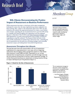 July, 2010

   SHL Clients: Demonstrating the Positive
Impact of Assessment on Business Performance
While assessments have been a critical part of the talent management                                                                 Research Brief
landscape for some time, the ways organizations go about using them has                                                              Aberdeen’s Research Briefs
been evolving. SHL, a player in the assessments space since 1977, has also                                                           provide a detailed exploration
evolved as the industry has experienced pressure to create a more holistic                                                           of a key finding from a primary
view of talent, expanding the use of assessments from a pre-hire HR activity                                                         research study, including key
to a valuable tool used throughout the organization and the employee                                                                 performance indicators,
lifecycle. In Aberdeen's March 2010 study Talent Assessment Strategies, over                                                         Best-in-Class insight, and
250 organizations currently using assessments were studied, including 74                                                             vendor insight.
organizations using SHL solutions. This Research Brief will look at how
users of SHL assessments are performing in three key areas - extending the
use of assessments into the post-hire, providing managers with actionable
assessment output, and making better entry-level hiring decisions.

Assessments Throughout the Lifecycle
The past few years have seen several shifts in the use of assessments -
organizations are using assessments in new ways, and are integrating
assessments data throughout talent management systems to make better
talent decisions. In both 2009 and 2010, respondents to our surveys
indicated that increased business competition and skill shortages were the
top two pressures driving them to pursue a talent assessment strategy. To
combat these perennial pressures, assessments are being viewed as having
an impact well beyond just hiring decisions (Figure 1).

Figure 1: Goals for the Use of Assessments

                                     75%            69%                                                                              "For an assessment strategy to
                                                                                 63%                                                 take off, it needs management
  Percentage of respondents, n=264




                                                                                                                                     commitment, competency level
                                                                                                                                     definitions, and valid and
                                     50%                                                                        46%                  reliable assessment tools."
                                                                                                                                        ~ Lara Kenchington, Manager,
                                                                                                                                                  HR Development /
                                                                                                                                        Organizational Development,
                                     25%
                                                                                                                                                   Areva Resources,
                                                                                                                                                     Southern Africa


                                     0%
                                           Improving quality of hire   Identifying high-potential   Identifying skill / competency
                                                                                 talent                gaps for each job role

                                                                                    Source: Aberdeen Group, June 2010

© 2010 Aberdeen Group.                                                                                                                            Telephone: 617 854 5200
www.aberdeen.com                                                                                                                                        Fax: 617 723 7897
 