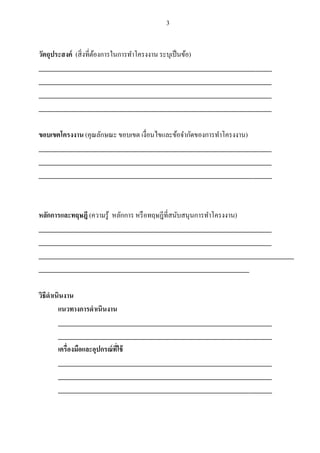 3
วัตถุประสงค์ (สิ่งที่ต้องการในการทาโครงงาน ระบุเป็นข้อ)
_________________________________________________________________________
_________________________________________________________________________
_________________________________________________________________________
_________________________________________________________________________
ขอบเขตโครงงาน (คุณลักษณะ ขอบเขต เงื่อนไขและข้อจากัดของการทาโครงงาน)
_________________________________________________________________________
_________________________________________________________________________
_________________________________________________________________________
หลักการและทฤษฎี (ความรู้ หลักการ หรือทฤษฎีที่สนับสนุนการทาโครงงาน)
_________________________________________________________________________
_________________________________________________________________________
________________________________________________________________________________
__________________________________________________________________
วิธีดาเนินงาน
แนวทางการดาเนินงาน
___________________________________________________________________
___________________________________________________________________
เครื่องมือและอุปกรณ์ที่ใช้
___________________________________________________________________
___________________________________________________________________
___________________________________________________________________
 