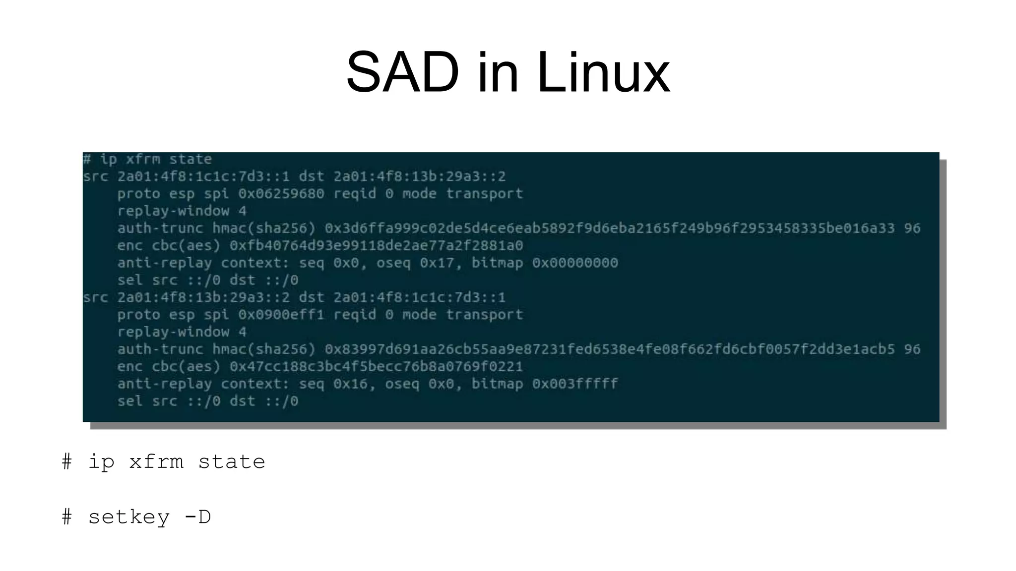 SAD in Linux
# ip xfrm state
# setkey -D
 