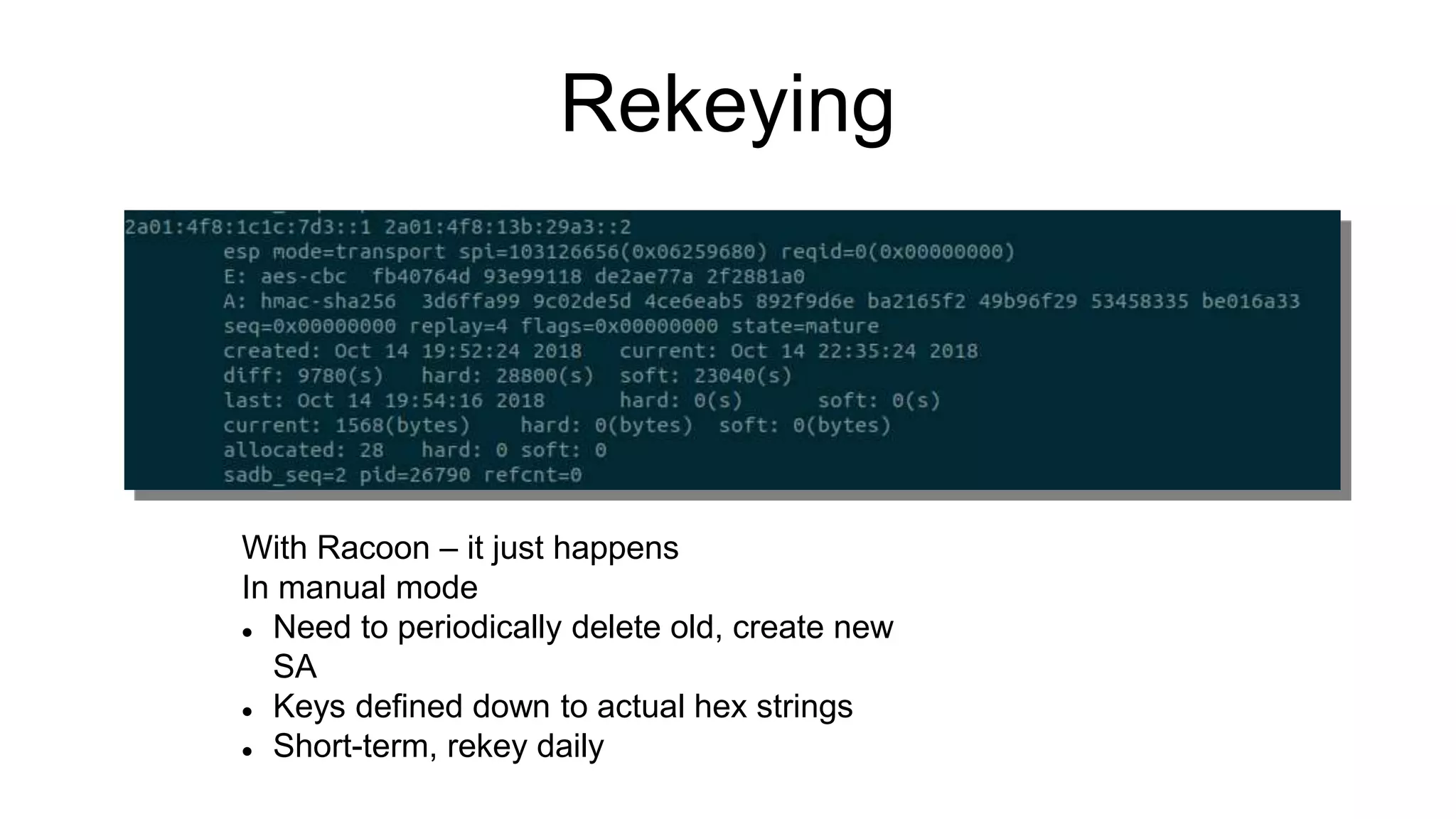 Rekeying
With Racoon – it just happens
In manual mode
 Need to periodically delete old, create new
SA
 Keys defined down to actual hex strings
 Short-term, rekey daily
 