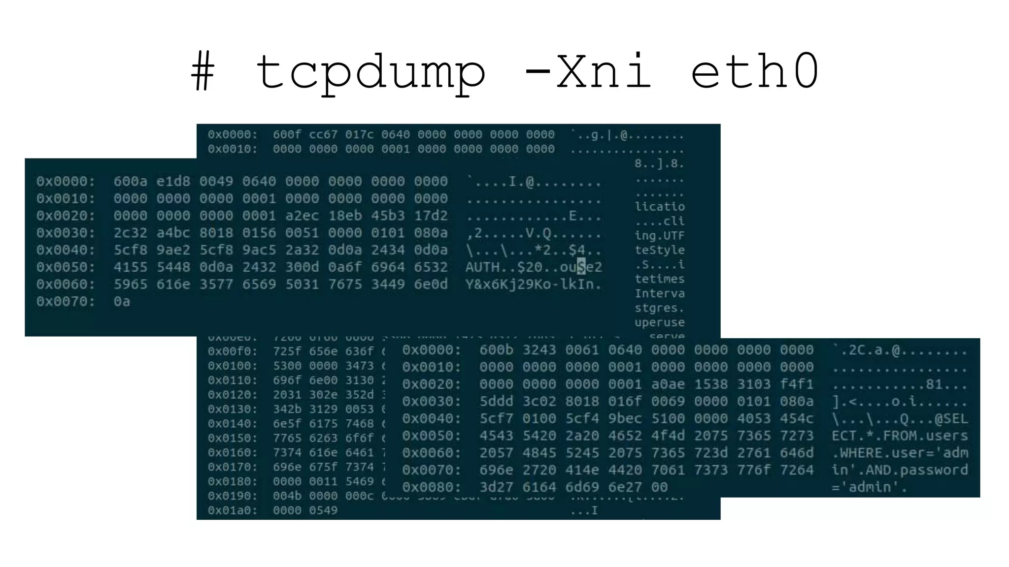 # tcpdump -Xni eth0
 