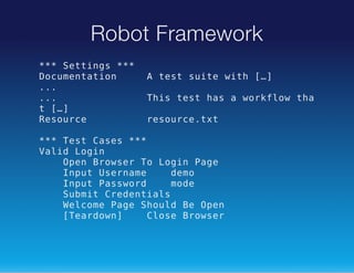 Robot Framework
**Stig **
*
etns *
Dcmnain
ouetto
Ats siewt []
et ut
ih …
..
.
..
.
Ti ts hsawrfo ta
hs et a
oklw h
t[]
…
Rsuc
eore
rsuc.x
eorett
**Ts Css**
*
et ae
*
VldLgn
ai
oi
Oe BosrT LgnPg
pn rwe
o oi
ae
IptUenm
nu
srae
dm
eo
IptPswr
nu
asod
md
oe
Sbi Ceetas
umt rdnil
WloePg Sol B Oe
ecm
ae hud e pn
[eron
Tadw]
CoeBosr
ls
rwe

 