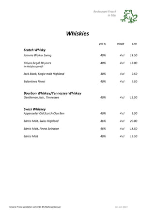 Restaurant Frosch
In Töss
Unsere Preise verstehen sich inkl. 8% Mehrwertsteuer 10. Juni 2014
Whiskies
Vol % Inhalt CHF
Scotch Whisky
Johnnie Walker Swing 40% 4 cl 14.50
Chivas Regal 18 years
Im Holzfass gereift
40% 4 cl 18.00
Jack Black, Single malt Highland 40% 4 cl 9.50
Balantines Finest 40% 4 cl 9.50
Bourbon Whiskey/Tennessee Whiskey
Gentleman Jack , Tennessee 40% 4 cl 12.50
Swiss Whiskey
Appenzeller Old Scotch Clan Ben 40% 4 cl 9.50
Säntis Malt, Swiss Highland 46% 4 cl 20.00
Säntis Malt, Finest Selection 48% 4 cl 18.50
Säntis Malt 40% 4 cl 15.50
 