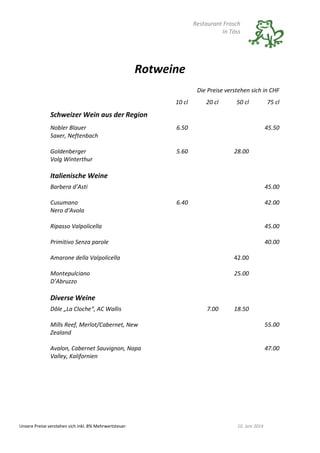 Restaurant Frosch
In Töss
Unsere Preise verstehen sich inkl. 8% Mehrwertsteuer 10. Juni 2014
Rotweine
Die Preise verstehen sich in CHF
10 cl 20 cl 50 cl 75 cl
Schweizer Wein aus der Region
Nobler Blauer
Saxer, Neftenbach
6.50 45.50
Goldenberger
Volg Winterthur
5.60 28.00
Italienische Weine
Barbera d’Asti 45.00
Cusumano
Nero d‘Avola
6.40 42.00
Ripasso Valpolicella 45.00
Primitivo Senza parole 40.00
Amarone della Valpolicella 42.00
Montepulciano
D’Abruzzo
25.00
Diverse Weine
Dôle „La Cloche“, AC Wallis 7.00 18.50
Mills Reef, Merlot/Cabernet, New
Zealand
55.00
Avalon, Cabernet Sauvignon, Napa
Valley, Kalifornien
47.00
 