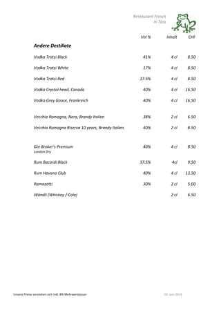Restaurant Frosch
In Töss
Unsere Preise verstehen sich inkl. 8% Mehrwertsteuer 10. Juni 2014
Vol % Inhalt CHF
Andere Destillate
Vodka Trotzi Black 41% 4 cl 8.50
Vodka Trotzi White 17% 4 cl 8.50
Vodka Trotzi Red 37.5% 4 cl 8.50
Vodka Crystal head, Canada 40% 4 cl 16.50
Vodka Grey Goose, Frankreich 40% 4 cl 16.50
Vecchia Romagna, Nera, Brandy Italien 38% 2 cl 6.50
Vecchia Romagna Riserva 10 years, Brandy Italien 40% 2 cl 8.50
Gin Broker’s Premium
London Dry
40% 4 cl 8.50
Rum Bacardi Black 37.5% 4cl 9.50
Rum Havana Club 40% 4 cl 13.50
Ramazotti 30% 2 cl 5.00
Wändli (Whiskey / Cola) 2 cl 6.50
 