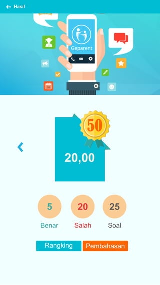 Hasil
5 20
Benar Salah
25
Soal
Rangking Pembahasan
20,00
50
 