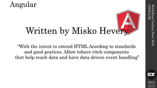 2015
Alexandre
Marreiros
WorkShoprGettingStartWith
ANGULAR
Angular
Written by Misko Hevery
“With the intent to extend HTML Acording to standards
and good pratices. Allow tohave ritch components
that help reach data and have data driven event handling”
 