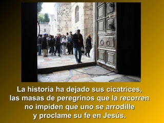 La historia ha dejado sus cicatrices,La historia ha dejado sus cicatrices,
las masas de peregrinos que la recorrenlas masas de peregrinos que la recorren
no impiden que uno se arrodilleno impiden que uno se arrodille
y proclame su fe en Jesús.y proclame su fe en Jesús.
 