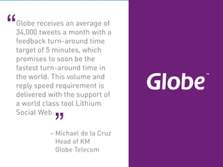 Globe receives an average of
34,000 tweets a month with a
feedback turn-around time
target of 5 minutes, which
promises to soon be the
fastest turn-around time in
the world. This volume and
reply speed requirement is
delivered with the support of
a world class tool Lithium
Social Web.
“
“
 