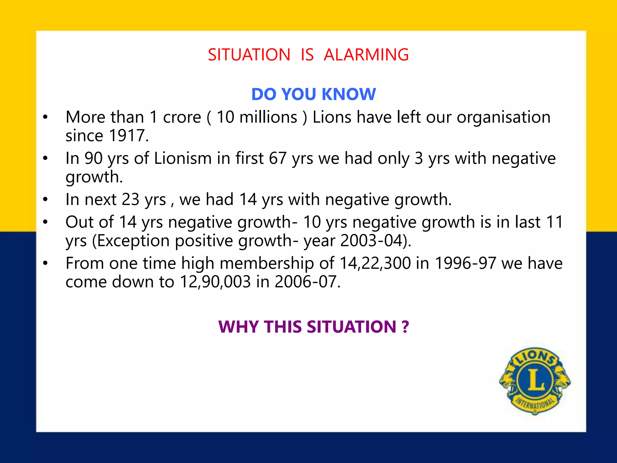 SITUATION IS ALARMING
DO YOU KNOW
• More than 1 crore ( 10 millions ) Lions have left our organisation
since 1917.
• In 90 yrs of Lionism in first 67 yrs we had only 3 yrs with negative
growth.
• In next 23 yrs , we had 14 yrs with negative growth.
• Out of 14 yrs negative growth- 10 yrs negative growth is in last 11
yrs (Exception positive growth- year 2003-04).
• From one time high membership of 14,22,300 in 1996-97 we have
come down to 12,90,003 in 2006-07.
WHY THIS SITUATION ?
 
