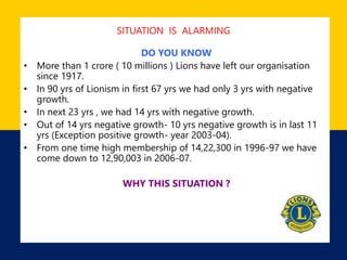 SITUATION IS ALARMING
DO YOU KNOW
• More than 1 crore ( 10 millions ) Lions have left our organisation
since 1917.
• In 90 yrs of Lionism in first 67 yrs we had only 3 yrs with negative
growth.
• In next 23 yrs , we had 14 yrs with negative growth.
• Out of 14 yrs negative growth- 10 yrs negative growth is in last 11
yrs (Exception positive growth- year 2003-04).
• From one time high membership of 14,22,300 in 1996-97 we have
come down to 12,90,003 in 2006-07.
WHY THIS SITUATION ?
 
