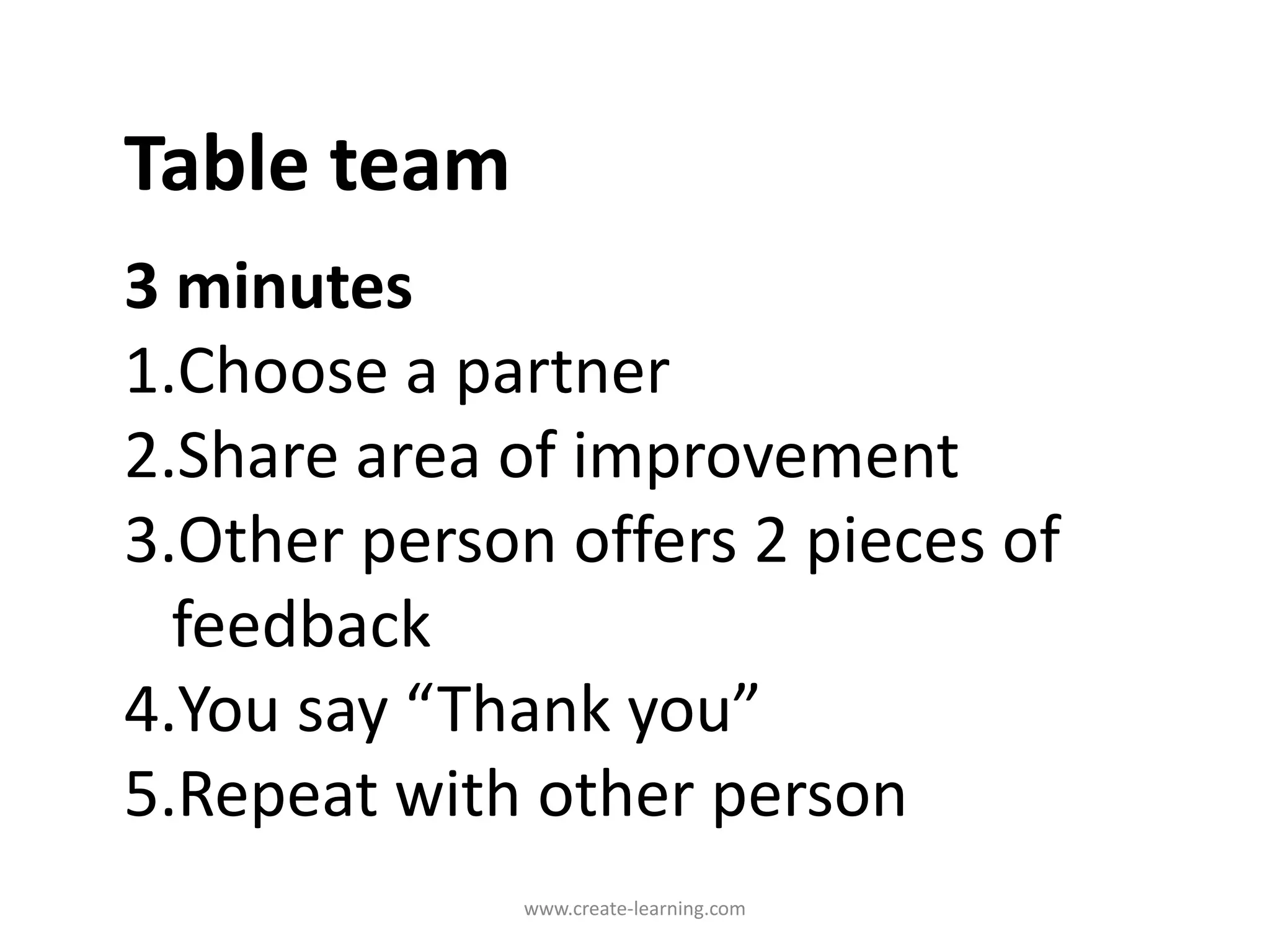 Table team
3 minutes
1.Choose a partner
2.Share area of improvement
3.Other person offers 2 pieces of
feedback
4.You say “Thank you”
5.Repeat with other person
www.create-learning.com
 