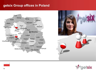 getsix Group offices in Poland

                    Stolp
                              Danzig
                                            Elbing
              Köslin
                                                                 Suwalki

        Stettin                               Allenstein
                                                            Lomza
                                  Thorn
      Landsberg        Pila                                       Bialystok
                                    Wloclawek
                                                Plock
                          Posen
                                                         Warschau
                                Konin
       Grünberg         Lissa                Lodsch
             Liegnitz                                            Lublin
                                          Petrikau      Radom
                          Breslau                                     Chelm
Hirschberg                                              Kielce
                  Walderburg
                                  Tschenstochau                     Zamosc

                                                     Tarnów
                                                                Rzeszów
                                            Krakau                   Przemysl
                         Bielsko-Biala
                                                         Neu-Sandec




 14
 