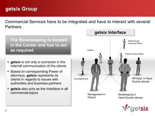 getsix Group

Commercial Services have to be integrated and have to interact with several
Partners
                                             getsix Interface
      The Bookkeeping is located                                                      Polish Social
                                                                                      Insurance Office
      in the Center and has to act
      as required                                             Auditor
                                                                                   Polish Finance Office



     getsix is not only a connector in the
      internal communication of the clients
     Based on corresponding Power of
      attorneys, getsix represents its
      clients in regards to issues with          Law Department                           HR-Dept. in Head
                                                                                          Ouarter abroad
      authorities and business partners
     getsix also acts as the Interface in all
      commercial topics                                       Management in   Bookkeeping in
                                                              Poland          Head Quarter abroad



9
 