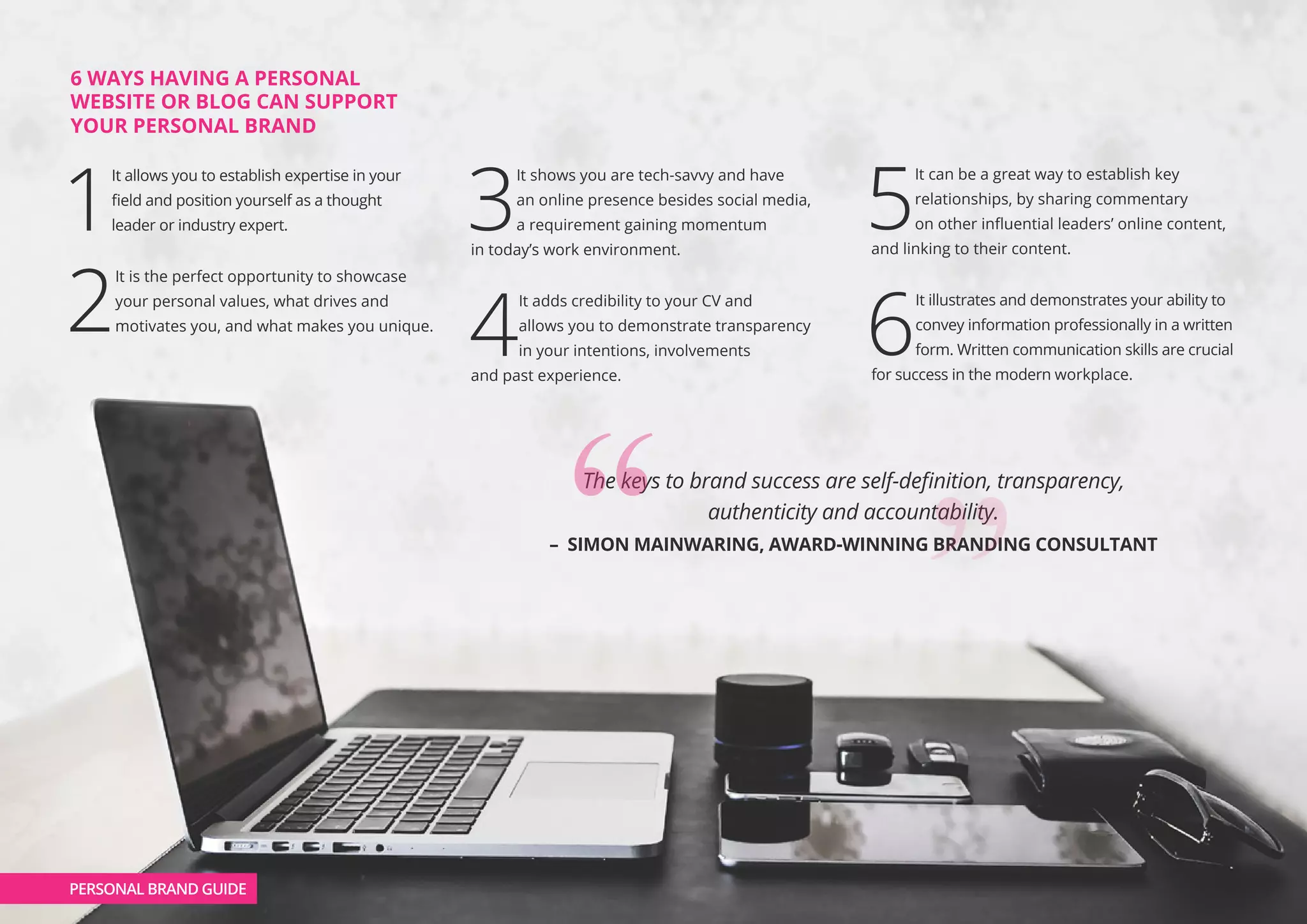 6 WAYS HAVING A PERSONAL
WEBSITE OR BLOG CAN SUPPORT
YOUR PERSONAL BRAND
1
It allows you to establish expertise in your
field and position yourself as a thought
leader or industry expert.
2
It is the perfect opportunity to showcase
your personal values, what drives and
motivates you, and what makes you unique.
3
It shows you are tech-savvy and have
an online presence besides social media,
a requirement gaining momentum
in today’s work environment.
4
It adds credibility to your CV and
allows you to demonstrate transparency
in your intentions, involvements
and past experience.
5
It can be a great way to establish key
relationships, by sharing commentary
on other influential leaders’ online content,
and linking to their content.
6
It illustrates and demonstrates your ability to
convey information professionally in a written
form. Written communication skills are crucial
for success in the modern workplace.
PERSONAL BRAND GUIDE
The keys to brand success are self-definition, transparency,
authenticity and accountability.
– SIMON MAINWARING, AWARD-WINNING BRANDING CONSULTANT
 