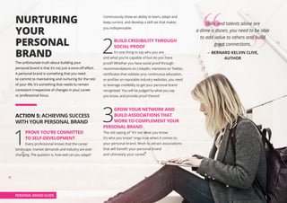 NURTURING
YOUR
PERSONAL
BRAND
The unfortunate truth about building your
personal brand is that it’s not just a once-off effort.
A personal brand is something that you need
to commit to maintaining and nurturing for the rest
of your life; it’s something that needs to remain
consistent irrespective of changes in your career
or professional focus.
ACTION 5: ACHIEVING SUCCESS
WITH YOUR PERSONAL BRAND
1
PROVE YOU’RE COMMITTED
TO SELF-DEVELOPMENT
Every professional knows that the career
landscape, market demands and industry are ever
changing. The question is, how well can you adapt?
Continuously show an ability to learn, adapt and
keep current, and develop a skill set that makes
you indispensable.
2
BUILD CREDIBILITY THROUGH
SOCIAL PROOF
It’s one thing to say who you are
and what you’re capable of but do you have
proof? Whether you have social proof through
recommendations on LinkedIn, mentions on Twitter,
certificates that validate your continuous education,
or profiles on reputable industry websites, you need
to leverage credibility to get your personal brand
recognised. You will be judged by what you say
you know, and provide proof thereof.
3
GROW YOUR NETWORK AND
BUILD ASSOCIATIONS THAT
WORK TO COMPLEMENT YOUR
PERSONAL BRAND
The old saying of “it’s not what you know,
it’s who you know” rings true when it comes to
your personal brand. Work to attract associations
that will benefit your personal brand
and ultimately your career.
PERSONAL BRAND GUIDE
Skills and talents alone are
a dime a dozen, you need to be able
to add value to others and build
great connections.
– BERNARD KELVIN CLIVE,
AUTHOR
 