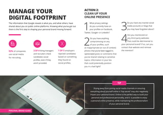 MANAGE YOUR
DIGITAL FOOTPRINT
The information that Google reveals is what you, and what others, have
shared about you on public online platforms. Knowing what you’ve got out
there is the first step to shaping your personal brand moving forward.
ACTION 2:
CLEAN UP YOUR
ONLINE PRESENCE
1
What privacy settings
do you currently have on
your profiles on Facebook,
Twitter, Google+ or LinkedIn?
2
Do you have anything
compromising on any
of your profiles, such
as inappropriate (or out of context)
photos that you’ve been tagged in;
opinionated posts or comments that
you’ve shared relating to sensitive
topics; information in your bio
that could potentially position
you in a bad light?
3
Do you have any inactive social
media accounts or blogs that
you may have forgotten about?
4
Are you mentioned on
any third party websites
that could be detrimental to
your personal brand? If so, can you
contact that website and remove
the mention?92% of companies
use social media
for recruiting.
3 OF 4 hiring managers
and recruiters check
candidates social
profiles, even if they
aren’t provided.
1 OF 3 employers
rejected candidates
based on something
they found on
social profiles.
PERSONAL BRAND GUIDE
Shying away from joining social media channels or ensuring
everything about yourself online is “top secret” may also negatively
impact your personal brand. Online is the perfect way to build your
personal and professional personality, and it is possible to enjoy
a personal online presence, while maintaining the professionalism
of your personal brand.
TIP
 