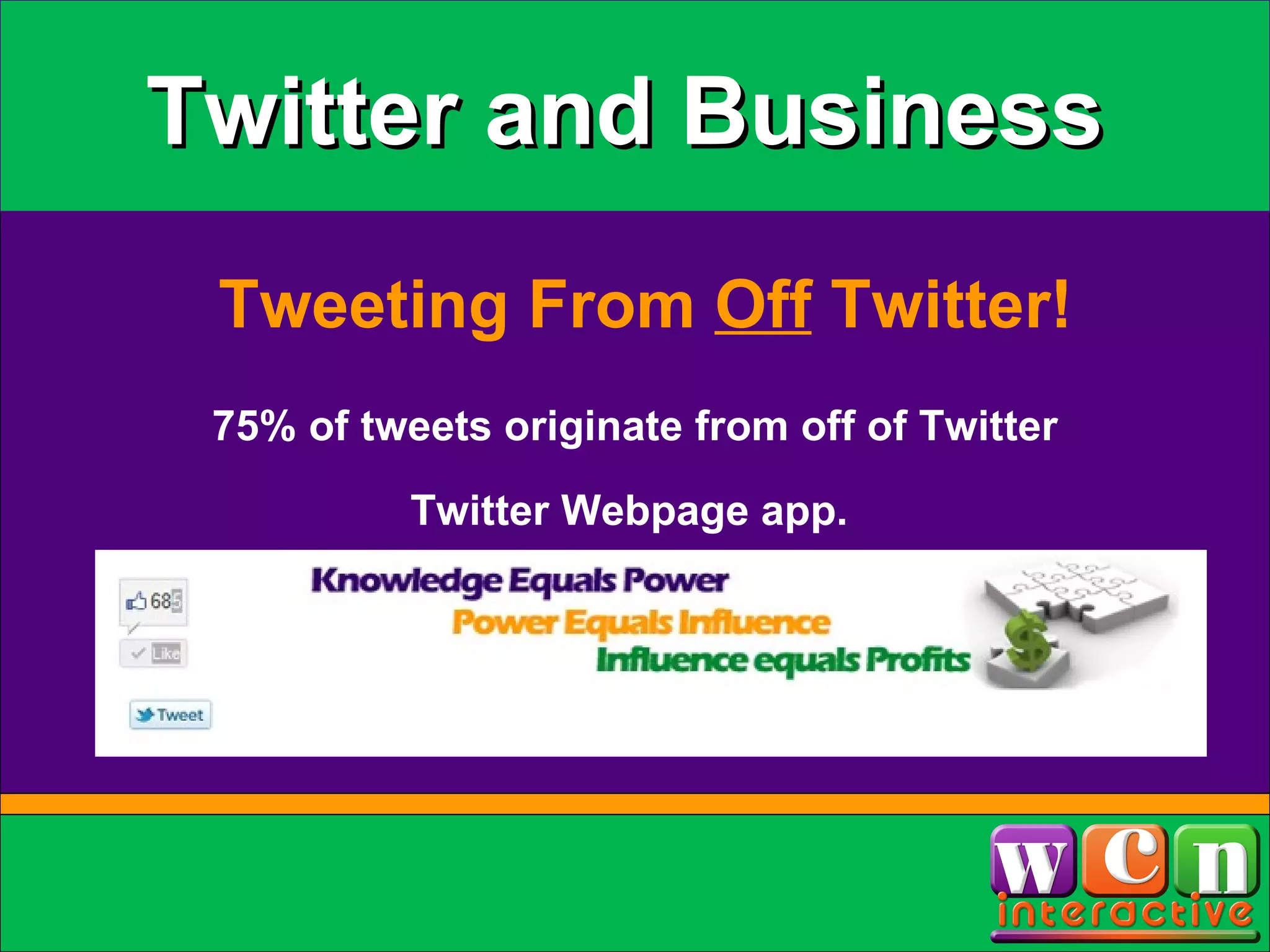 Twitter and Business Tweeting From  Off  Twitter! 75% of tweets originate from off of Twitter Twitter Webpage app.  