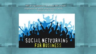40% of organizations say at least 50% of their
employees use social networking for work.
@McKinsey_MGI 2013 study

 