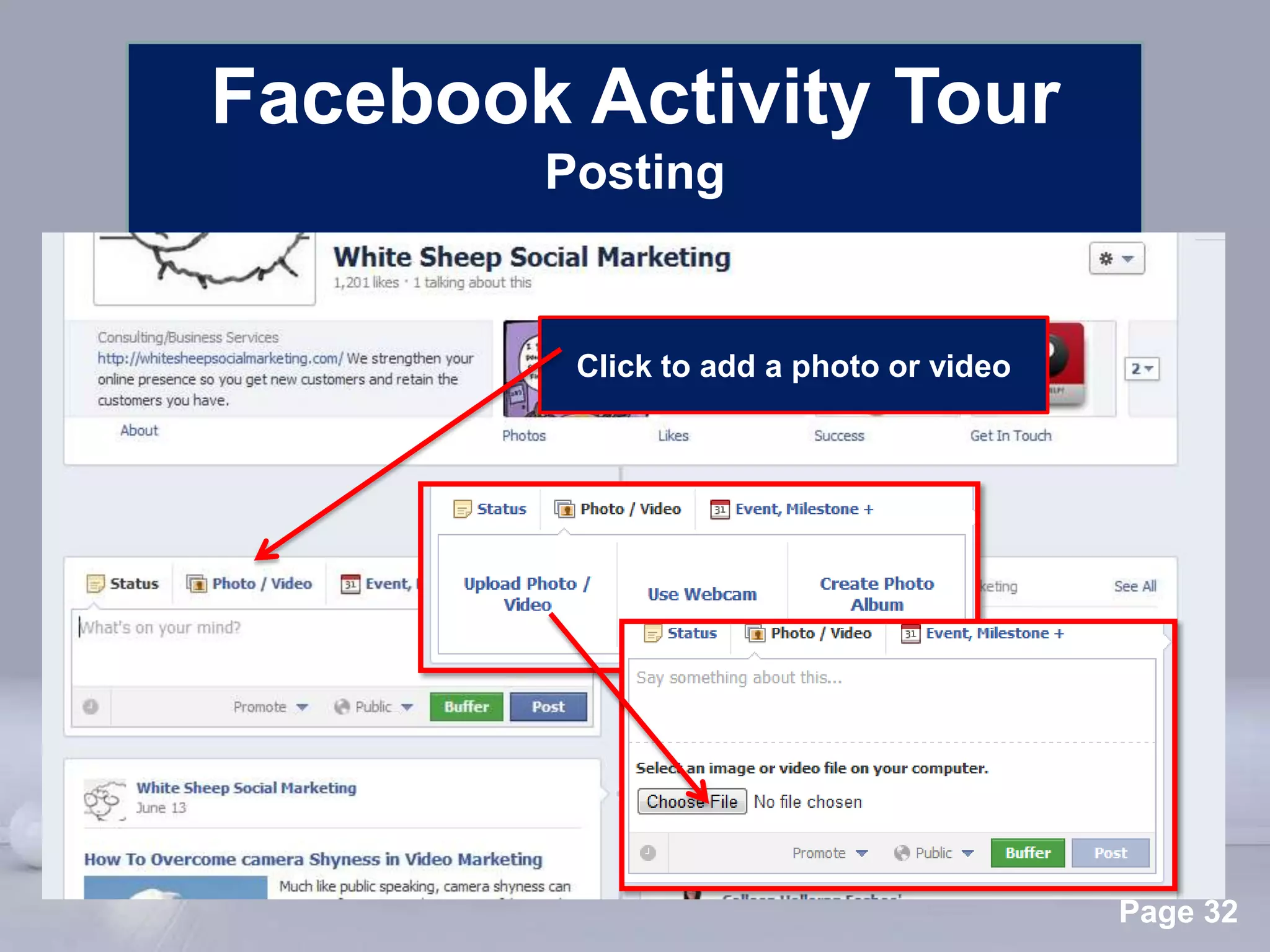 Facebook Activity Tour
          Posting


            Click to add a photo or video




      Powerpoint Templates
                                            Page 32
 