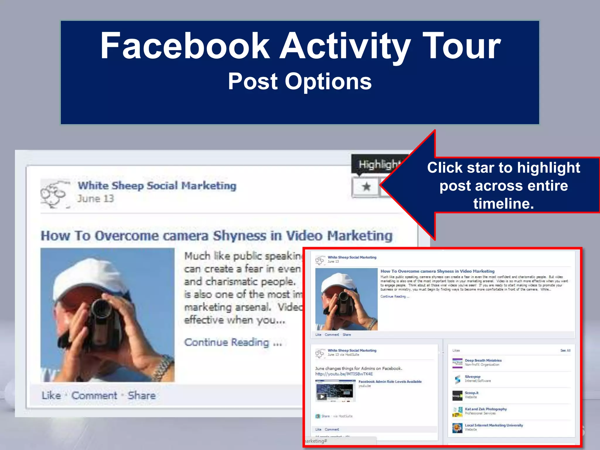 Facebook Activity Tour
       Post Options


                             Click star to highlight
                              post across entire
                                    timeline.




      Powerpoint Templates
                                            Page 36
 
