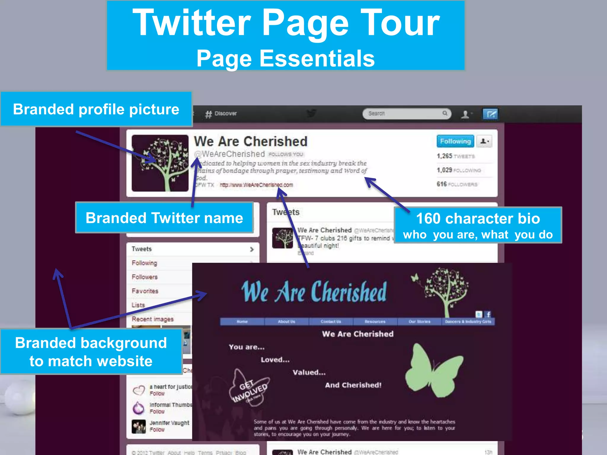 Twitter Page Tour
                          Page Essentials

Branded profile picture




          Branded Twitter name                       160 character bio
                                                   who you are, what you do




Branded background
  to match website



                            Powerpoint Templates
                                                                        Page 5
 
