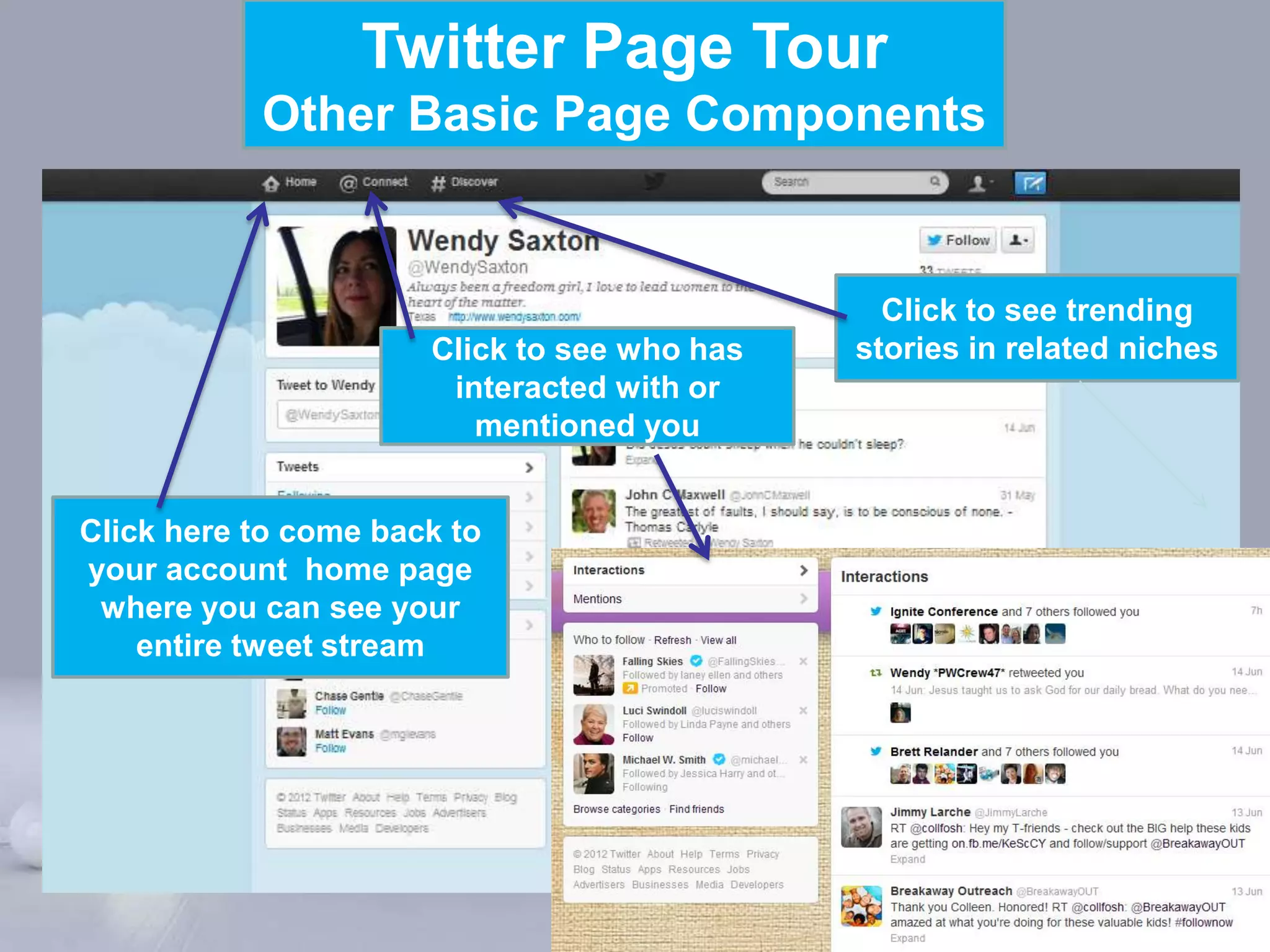 Twitter Page Tour
           Other Basic Page Components


                                                  Click to see trending
                      Click to see who has      stories in related niches
                       interacted with or
                         mentioned you


Click here to come back to
your account home page
 where you can see your
    entire tweet stream




                         Powerpoint Templates
                                                                  Page 6
 