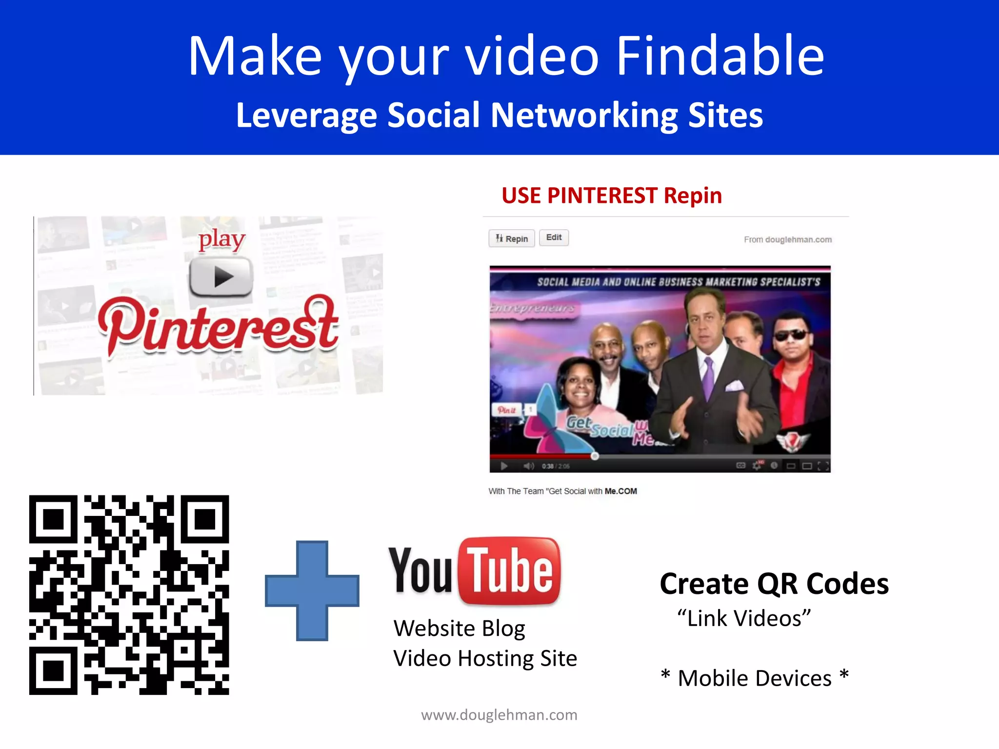 Make your video Findable
 Leverage Social Networking Sites
                     USE PINTEREST Repin




                                  Create QR Codes
          Website Blog              “Link Videos”
          Video Hosting Site
                                  * Mobile Devices *
            www.douglehman.com
 