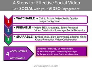 4 Steps for Effective Social Video
     Get   SOCIAL with your VIDEO Engagement

      • WATCHABLE – Call to Action, Video...