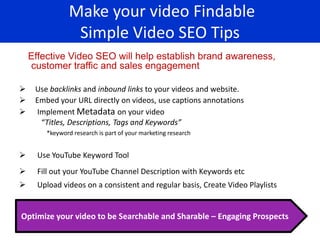 Make your video Findable
                 Simple Video SEO Tips
    Effective Video SEO will help establish brand awarenes...