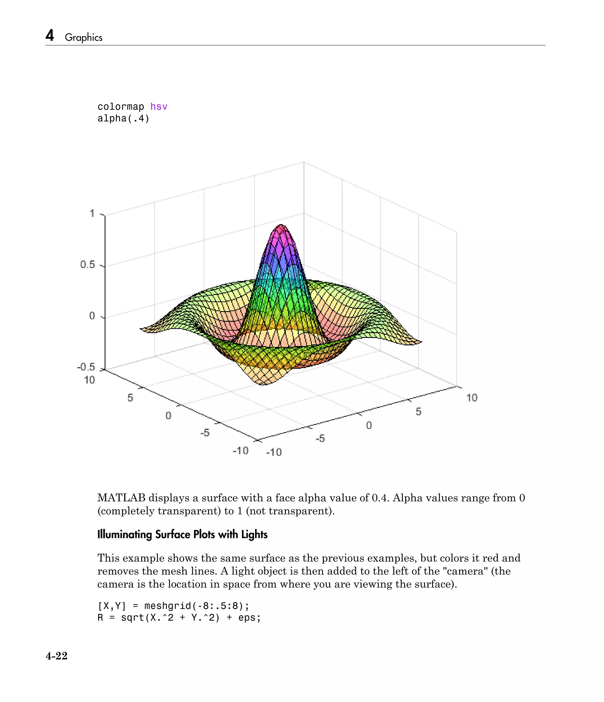 4 Graphics
4-22
colormap hsv
alpha(.4)
MATLAB displays a surface with a face alpha value of 0.4. Alpha values range from 0
(completely transparent) to 1 (not transparent).
Illuminating Surface Plots with Lights
This example shows the same surface as the previous examples, but colors it red and
removes the mesh lines. A light object is then added to the left of the "camera" (the
camera is the location in space from where you are viewing the surface).
[X,Y] = meshgrid(-8:.5:8);
R = sqrt(X.^2 + Y.^2) + eps;
 
