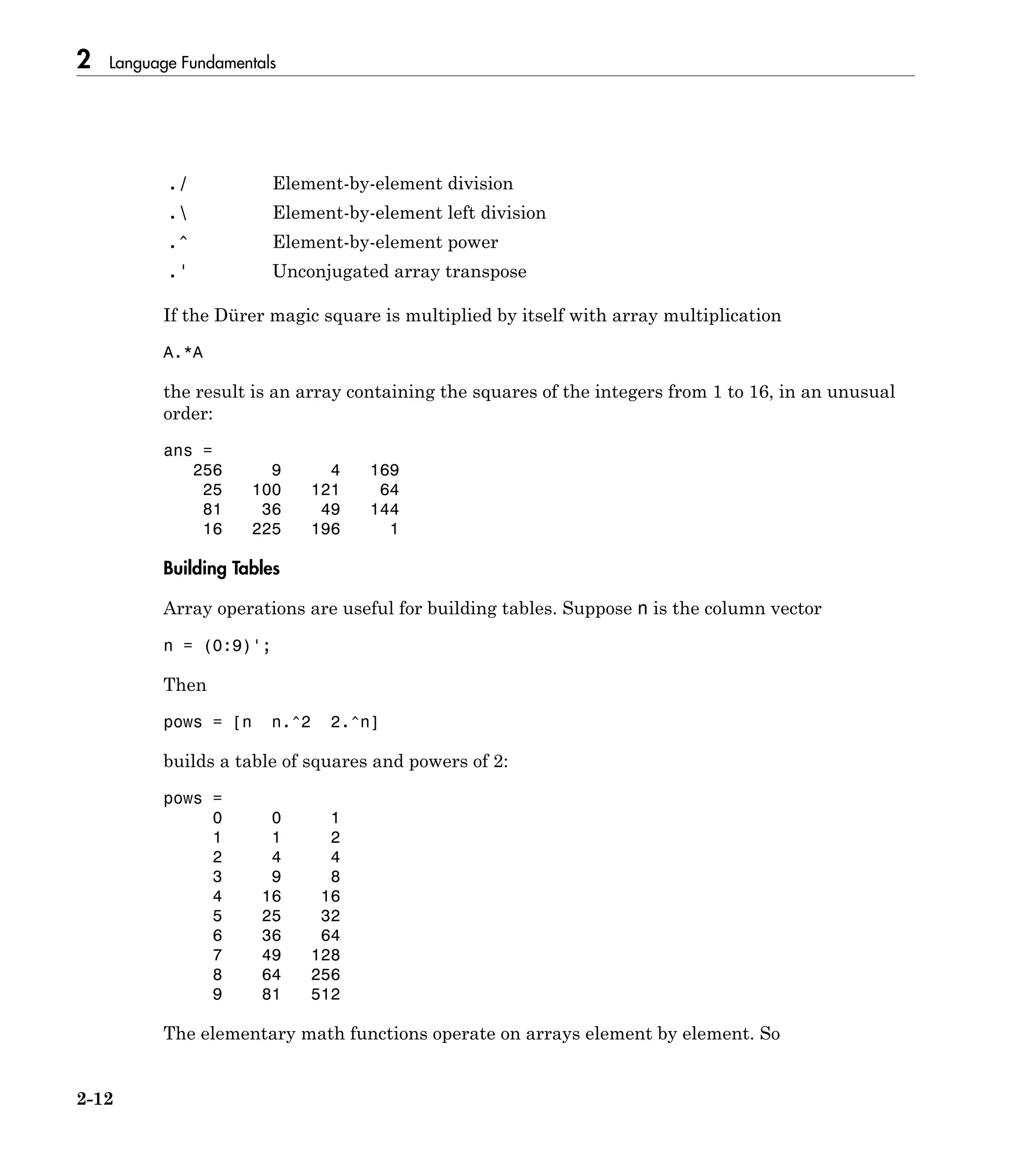 2 Language Fundamentals
2-12
./ Element-by-element division
. Element-by-element left division
.^ Element-by-element power
.' Unconjugated array transpose
If the Dürer magic square is multiplied by itself with array multiplication
A.*A
the result is an array containing the squares of the integers from 1 to 16, in an unusual
order:
ans =
256 9 4 169
25 100 121 64
81 36 49 144
16 225 196 1
Building Tables
Array operations are useful for building tables. Suppose n is the column vector
n = (0:9)';
Then
pows = [n n.^2 2.^n]
builds a table of squares and powers of 2:
pows =
0 0 1
1 1 2
2 4 4
3 9 8
4 16 16
5 25 32
6 36 64
7 49 128
8 64 256
9 81 512
The elementary math functions operate on arrays element by element. So
 