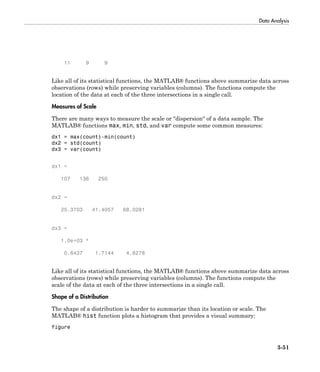 Data Analysis
3-51
11 9 9
Like all of its statistical functions, the MATLAB® functions above summarize data across
observations (rows) while preserving variables (columns). The functions compute the
location of the data at each of the three intersections in a single call.
Measures of Scale
There are many ways to measure the scale or "dispersion" of a data sample. The
MATLAB® functions max, min, std, and var compute some common measures:
dx1 = max(count)-min(count)
dx2 = std(count)
dx3 = var(count)
dx1 =
107 136 250
dx2 =
25.3703 41.4057 68.0281
dx3 =
1.0e+03 *
0.6437 1.7144 4.6278
Like all of its statistical functions, the MATLAB® functions above summarize data across
observations (rows) while preserving variables (columns). The functions compute the
scale of the data at each of the three intersections in a single call.
Shape of a Distribution
The shape of a distribution is harder to summarize than its location or scale. The
MATLAB® hist function plots a histogram that provides a visual summary:
figure
 