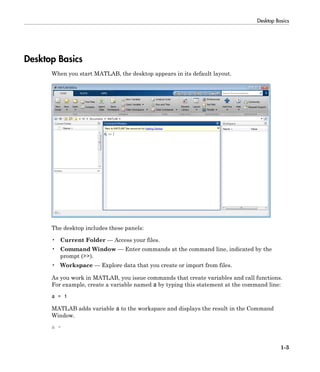 Desktop Basics
1-3
Desktop Basics
When you start MATLAB, the desktop appears in its default layout.
The desktop includes these panels:
• Current Folder — Access your files.
• Command Window — Enter commands at the command line, indicated by the
prompt (>>).
• Workspace — Explore data that you create or import from files.
As you work in MATLAB, you issue commands that create variables and call functions.
For example, create a variable named a by typing this statement at the command line:
a = 1
MATLAB adds variable a to the workspace and displays the result in the Command
Window.
a =
 