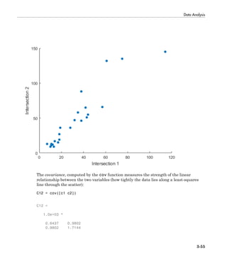 Data Analysis
3-55
The covariance, computed by the cov function measures the strength of the linear
relationship between the two variables (how tightly the data lies along a least-squares
line through the scatter):
C12 = cov([c1 c2])
C12 =
1.0e+03 *
0.6437 0.9802
0.9802 1.7144
 