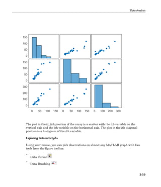 Data Analysis
3-59
The plot in the (i, j)th position of the array is a scatter with the ith variable on the
vertical axis and the jth variable on the horizontal axis. The plot in the ith diagonal
position is a histogram of the ith variable.
Exploring Data in Graphs
Using your mouse, you can pick observations on almost any MATLAB graph with two
tools from the figure toolbar:
•
Data Cursor
•
Data Brushing
 